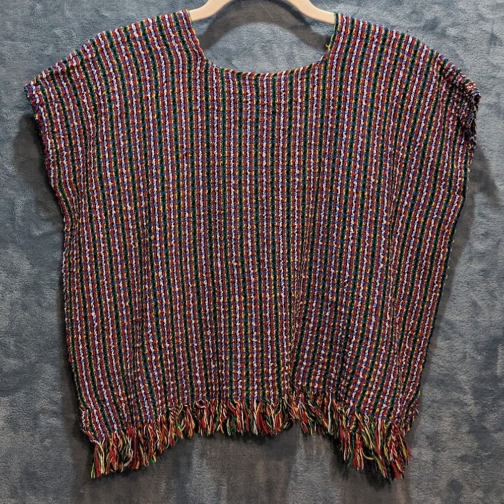 Vintage Handwoven Striped Poncho Top Boho Fringe Multi Color Sleeveless Boxy - Picture 10 of 10